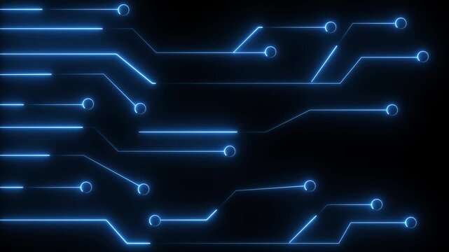 Glowing blue circuit board lines and connection nodes on a dark black background, creating a modern technology and digital network backdrop