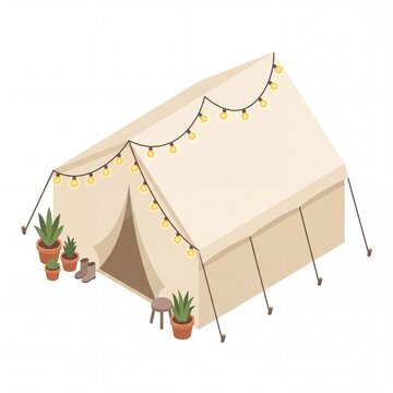 Isometric canvas glamping tent decorated with fairy lights