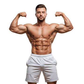 Muscular man flexing his biceps and showing strong body isolated on white background