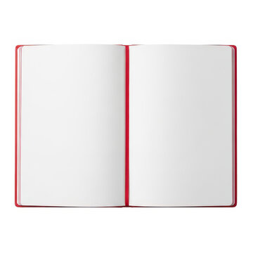 Open red notebook with blank pages isolated on white background