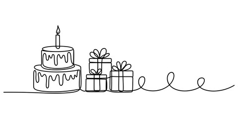 Fototapeta premium Birthday cake with single lit candle and stack of gift boxes with black continuous line drawing on white background for celebration party and holiday surprise.