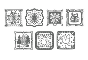 Naklejka premium Christmas Isolated Folk Tiles with Dove Angel Poinsettia Snowflake House Gift Holiday Frames