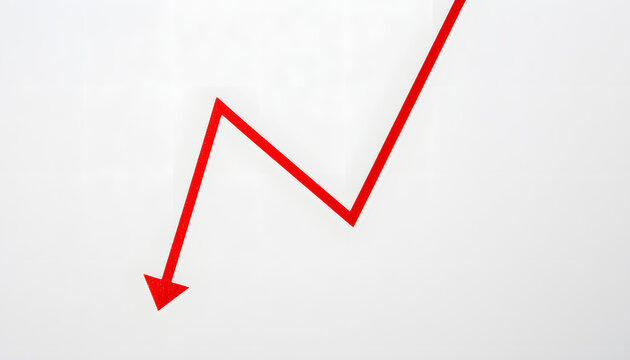 Minimalist business graph with a bold red downward arrow descending sharply across a white background, simple red line chart, modern financial decline and business risk concept. Close-up.