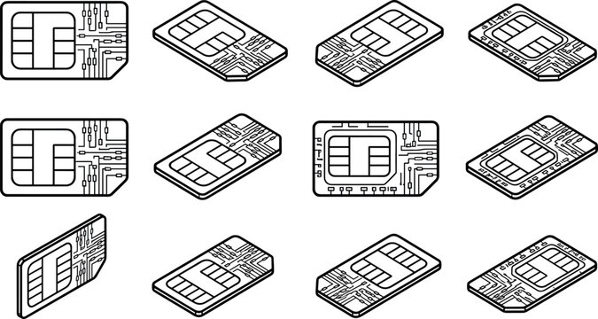 Set of black and white mobile phone SIM cards and smart chip microcircuits vector illustration