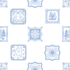 Naklejka premium Christmas Seamless Folk Tile Pattern with Decorative Frames Dove Angel Snowflake Gift Motifs