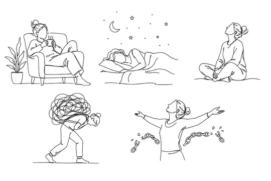 Black vector set of continuous line art depicting burnout recovery and rest