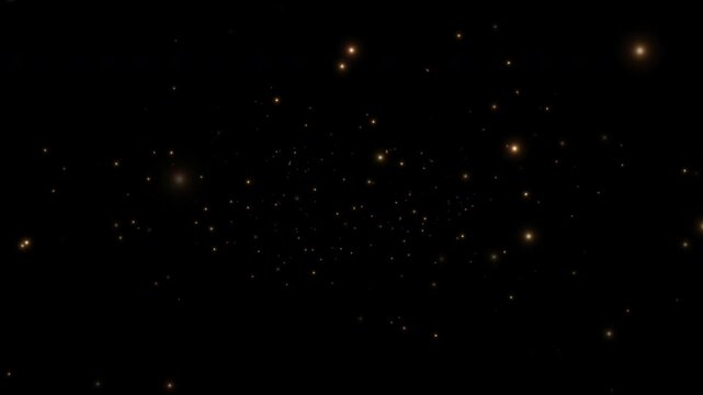 Smoothly flying glowing particles on a black background. Golden particles, shimmering light particles, magical golden dust. 4K video.