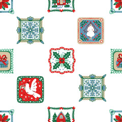 Naklejka premium Christmas Seamless Pattern with Folk Square Frames Dove Angel Poinsettia Gift Holiday Tiles