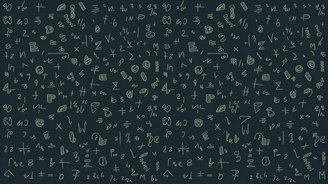 Hand drawn mathematical symbols scattered on a textured surface during a study session