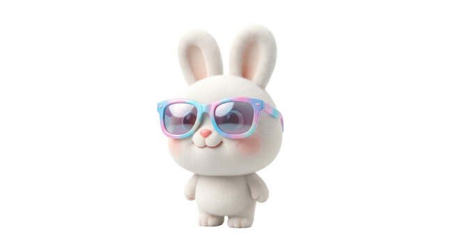 Cute white bunny character wearing colorful patterned sunglasses posing against isolated plain background studio portrait