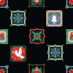 Naklejka premium Christmas Seamless Pattern with Folk Square Frames Dove Angel Poinsettia Gift Holiday Tiles
