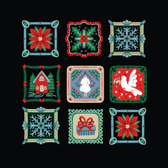 Naklejka premium Christmas Isolated Folk Tiles with Dove Angel Poinsettia Snowflake House Gift Holiday Frames