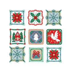 Naklejka premium Christmas Isolated Folk Tiles with Dove Angel Poinsettia Snowflake House Gift Holiday Frames