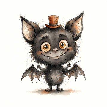 A charming cartoon bat, adorned with a tiny top hat, smiles mischievously with wide, expressive eyes. Its furry body, delicate wings, and tiny fangs are rendered in a delightful watercolor style.