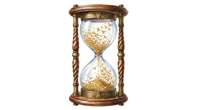 Vintage wooden hourglass filled with small flying golden birds in a surreal style on transparent background