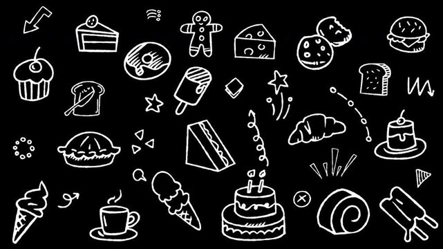 Hand drawn doodle elements of cafe items, bakery, desserts, and sweet treats. Animated seamless loop video background with white and black lines. 