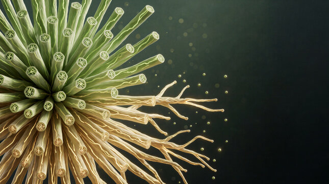 Plant biology structure showcasing geometric xylem vessels and fiber optic channels expanding outward from a central root system