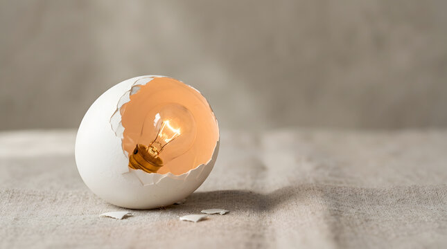 Glowing light bulb inside a cracked eggshell on textured burlap surface representing innovation and hatching a new idea