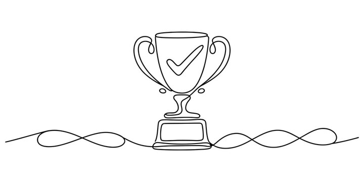 Continuous one line drawing of a gold trophy cup with check mark symbol on abstract wavy line base for success recognition and achievement concept vector.