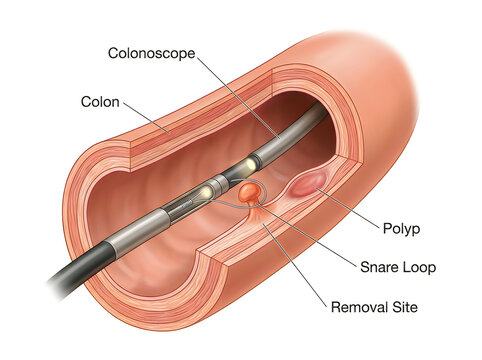 Colonoscopy Polypectomy Procedure Medical Illustration of Polyp Removal with Snare Loop Diagram Isolated