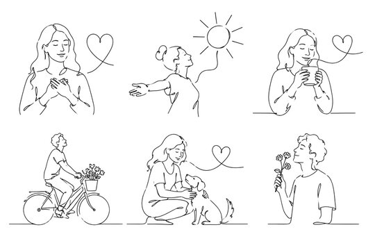 Black line vector bundle of gratitude practice and mindful joy continuous line art