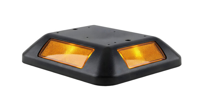 Black and yellow reflective road stud or raised pavement marker isolated on transparent background PNG