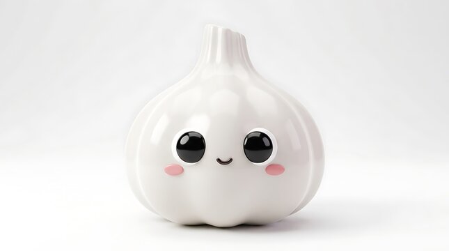 Cute ceramic garlic character with big black eyes and a happy smiling face isolated on white background