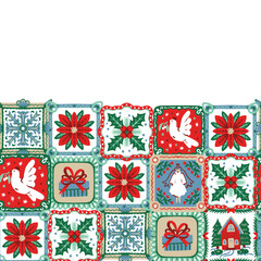 Naklejka premium Christmas Border with Folk Square Frames Dove Angel Poinsettia Gift Holiday Tiles