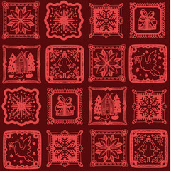 Naklejka premium Christmas Seamless Folk Tile Pattern with Decorative Frames Dove Angel Snowflake Gift Motifs