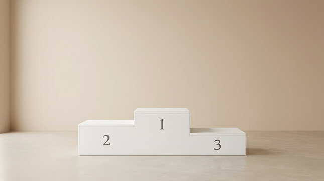 White minimalist winners podium with numbers one two and three in a clean studio setting with copy space