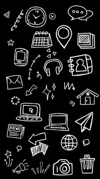 Animated hand drawn doodle graphics of digital technology, computer devices, and media communication icons. Seamless loop video background in vertical format. 
