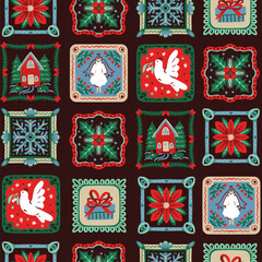 Naklejka premium Christmas Seamless Pattern with Folk Square Frames Dove Angel Poinsettia Gift Holiday Tiles