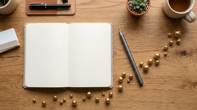 open blank notebook on a wooden desk with office supplies and golden spheres arranged as a rising growth chart
