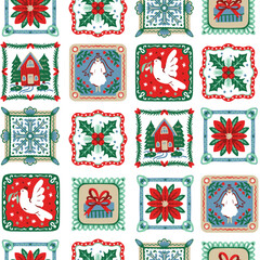 Naklejka premium Christmas Seamless Pattern with Folk Square Frames Dove Angel Poinsettia Gift Holiday Tiles