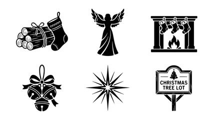 Naklejka premium Set of black and white Christmas icons featuring fireplace, angel, jingle bells, firewood, star, and tree lot sign for holiday design projects and seasonal greeting cards on transparent background