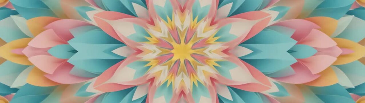 Kaleidoscope floral pattern abstract symmetry and meditation background with soft pastel colors motion of blooming flower petals.