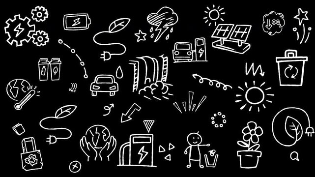 Hand drawn doodle elements of eco friendly concepts, green energy, recycling, and nature preservation. Animated seamless loop video background in black and white. 