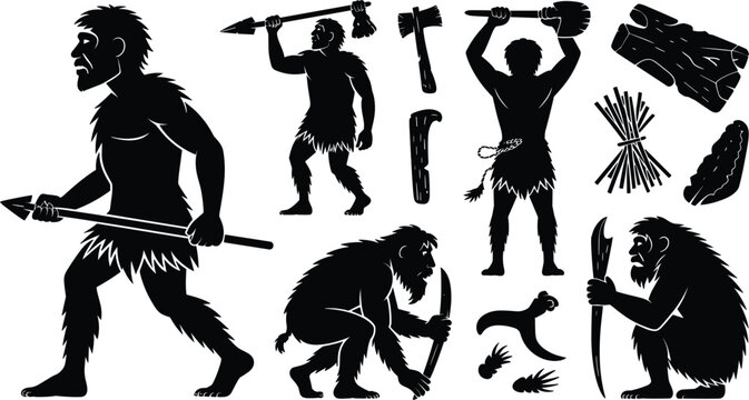Caveman silhouette vector illustration set featuring prehistoric primitive human evolution characters holding stone tools, spears, wooden clubs, and ancient ice age survival items.