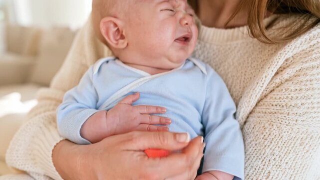 Infant with Stomach Discomfort Being Gently Held by Mother in Cozy Home with Red Highlight