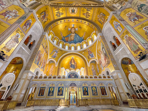 Golden mosaic interior of Saint Sava Temple in Belgrade, Serbia.