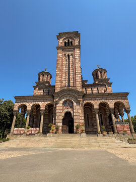Saint Mark Orthodox Church facade at Tasmajdan Park in Belgrade, Serbia.