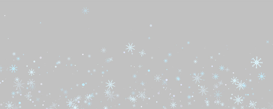Various snowflakes scattered across a black background display diverse intricate shapes and sizes. Shades of blue and purple create a cool, wintry color palette.