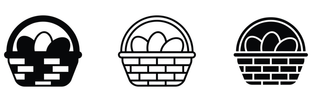 WebEaster egg basket vector icon set featuring wicker basket with eggs, spring holiday hunt, farm fresh organic product, and festive celebration symbol isolated on white background.