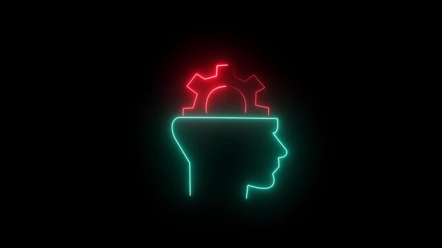  Glowing cyan and red Neon Human Head Profile with Gear Cog Inside Symbolizing AI Artificial Intelligence Mind Thought Process Brainstorming Technology Innovation Concept on Black Background