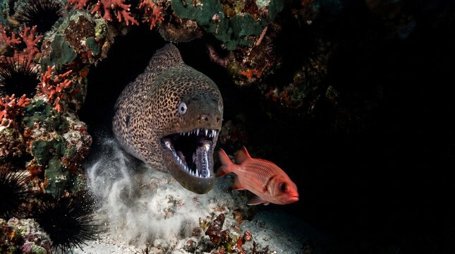 Moray eel with open mouth and fish in underwater coral reef