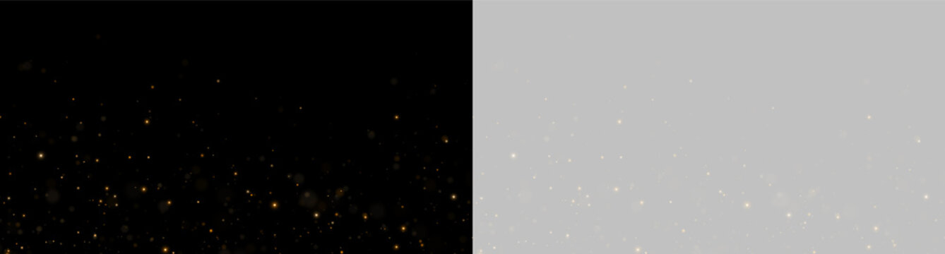 Gold light particles scattered on a dark background create a starry effect. The specks vary in size and intensity with soft glowing edges. This image works well for festive, celebratory, or.