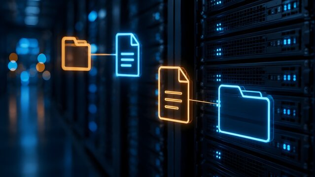 Digital file migration concept showing glowing neon document folder icons syncing directly onto modern network server racks with dark blue background