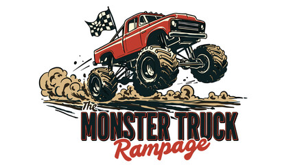 Retro Red Monster Truck Jumping with Checkered Flag, Vintage Hand-Drawn Vector Graphic Illustration for T-Shirt Design and Automotive Branding © Rizky Fadel
