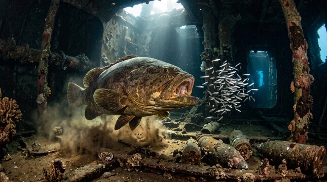 Giant Grouper Swimming Through the Sunlit Interior of a Historic Underwater Shipwreck