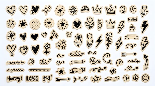 Set of hand drawn doodle elements including hearts stars flowers crowns and arrows with yellow accents for cute design